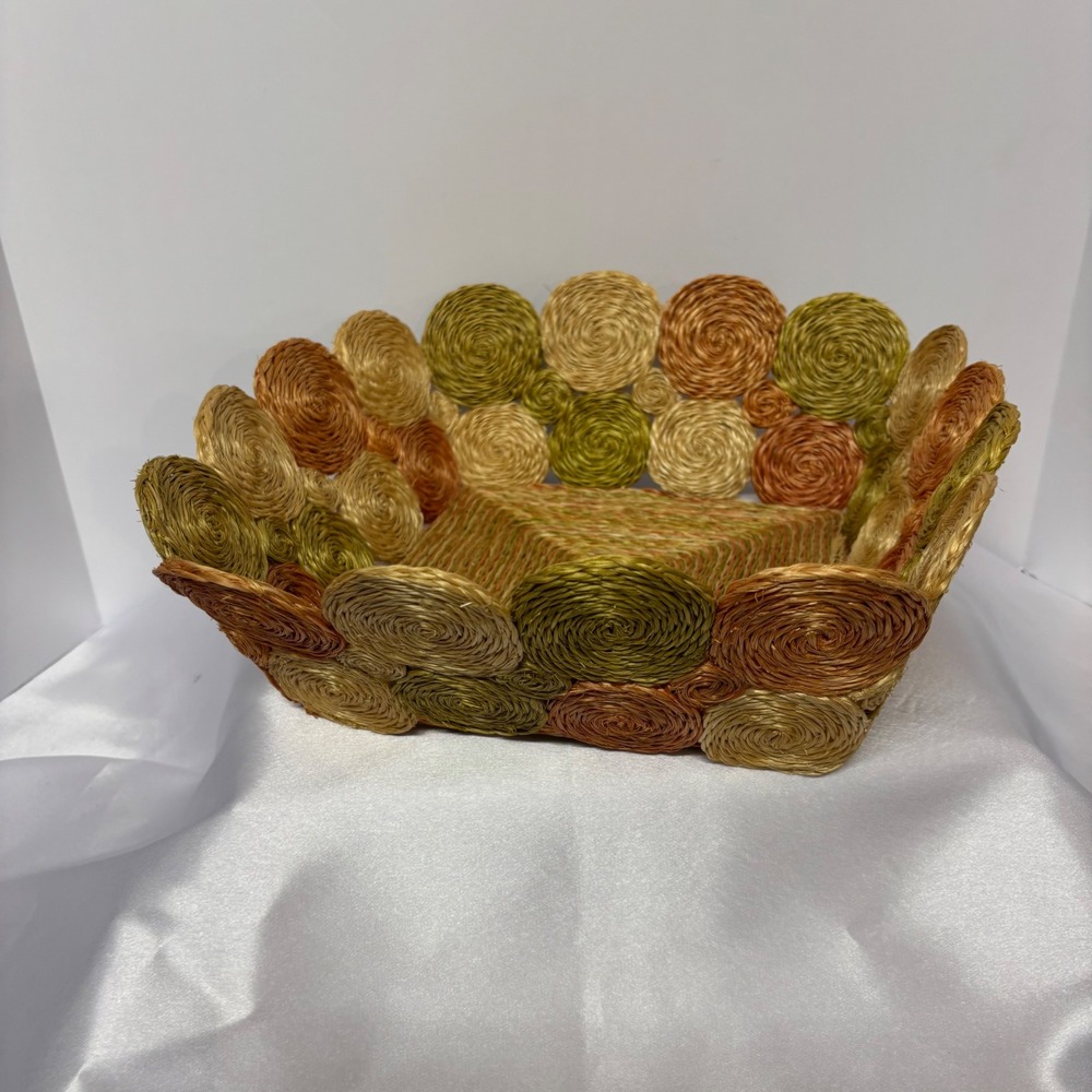 Vintage Raffia Square Tri-Color Storage Basket Woven Orange Green Brown